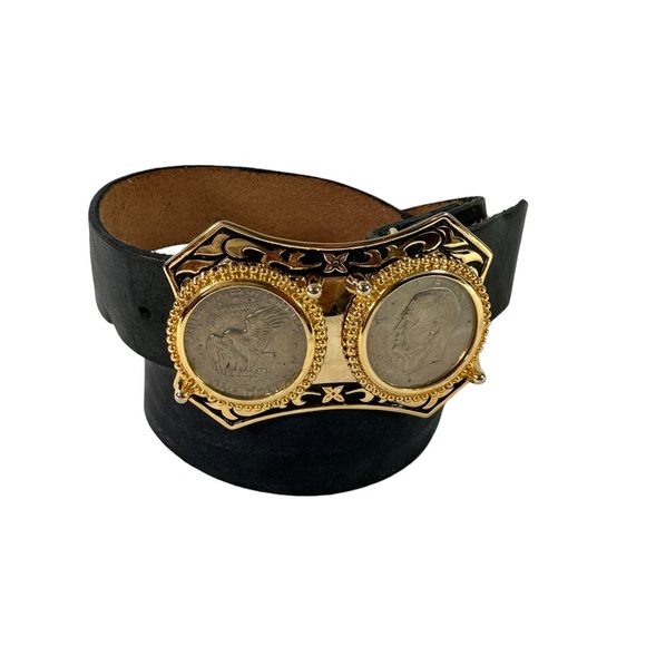 Vintage Eisenhower one dollar double buckle black leather belt  size 36 - Picture 1 of 10